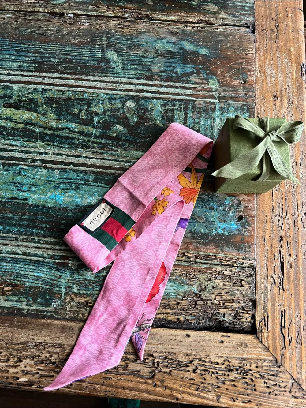 Gucci Pink Floral Silk Twilly Ribbon Scarf